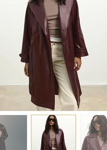 Bordo Deri stradivarıus Uzun Kadın Trençkot - Görsel 2