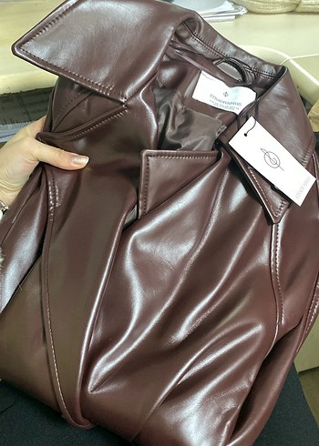 Bordo Deri stradivarıus Uzun Kadın Trençkot - Görsel 3