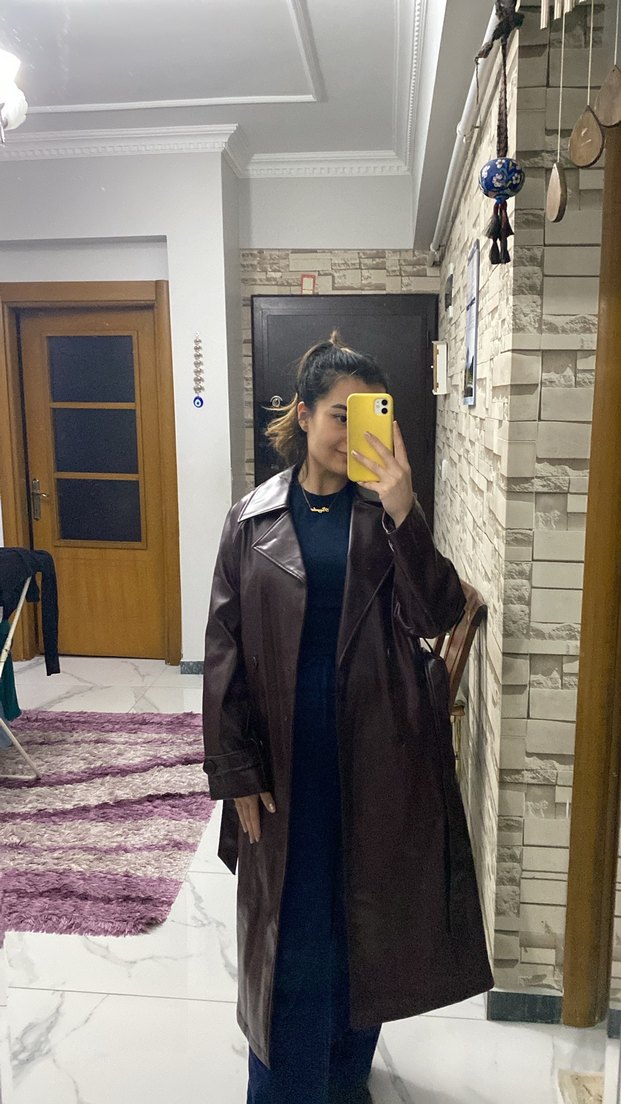 Bordo Deri stradivarıus Uzun Kadın Trençkot - Görsel 5