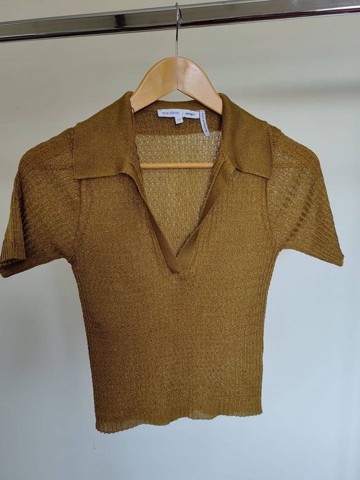 Bej Kısa Kollu Triko Kadın - Görsel 2