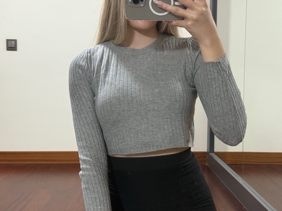 Gri Kadın Fitilli Triko Kazak - Görsel 2