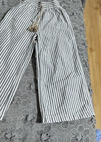 Zara Gri Çizgili Bol Kesim Keten kız çocuk pantolon