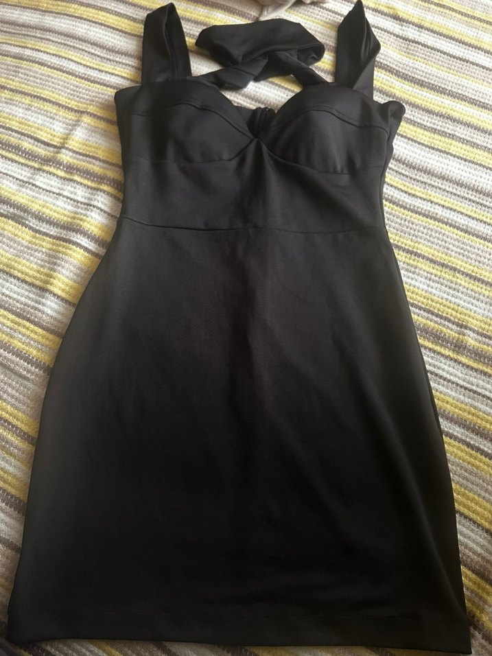 Siyah Deri V Yakalı Gotik Mini Elbise - Görsel 3