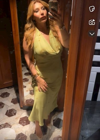 Yağ yeşili Saten Uzun V Yaka Elbise - Görsel 3