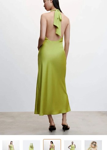 Yağ yeşili Saten Uzun V Yaka Elbise - Görsel 2