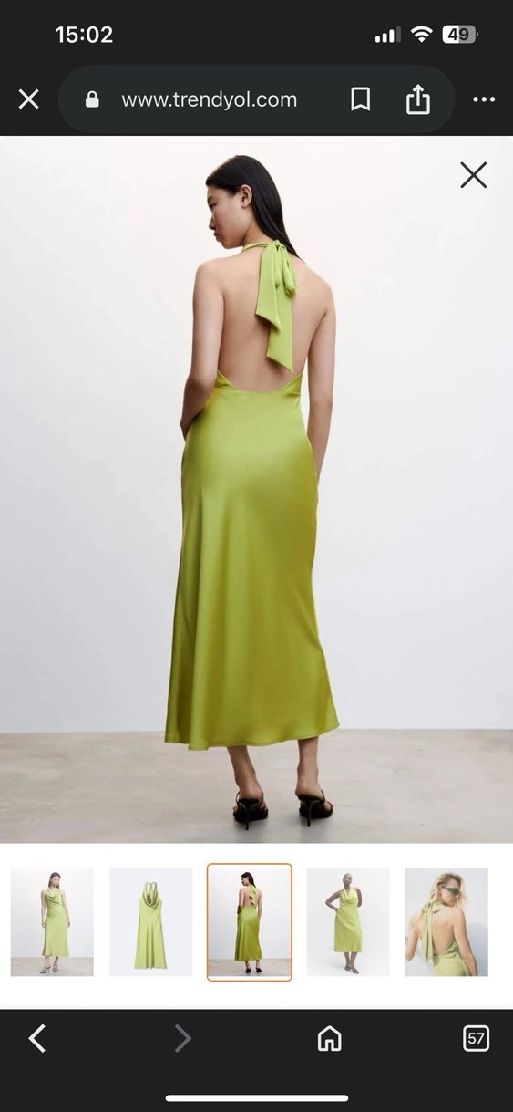 Yağ yeşili Saten Uzun V Yaka Elbise - Görsel 2