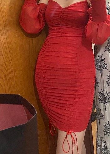 Kırmızı Drapeli Midi Kısa Elbise - Görsel 2