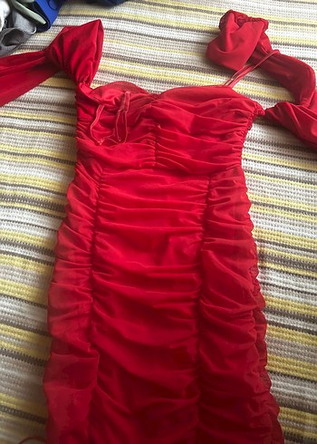 Kırmızı Drapeli Midi Kısa Elbise - Görsel 4