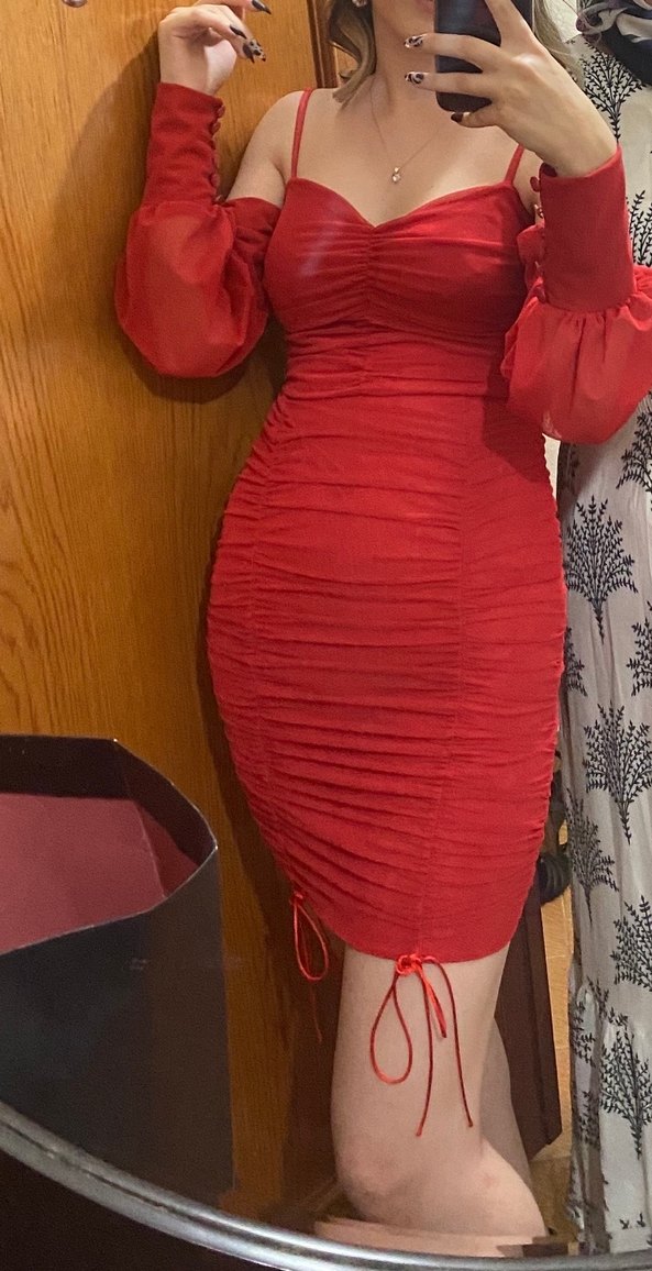 Kırmızı Drapeli Midi Kısa Elbise - Görsel 2