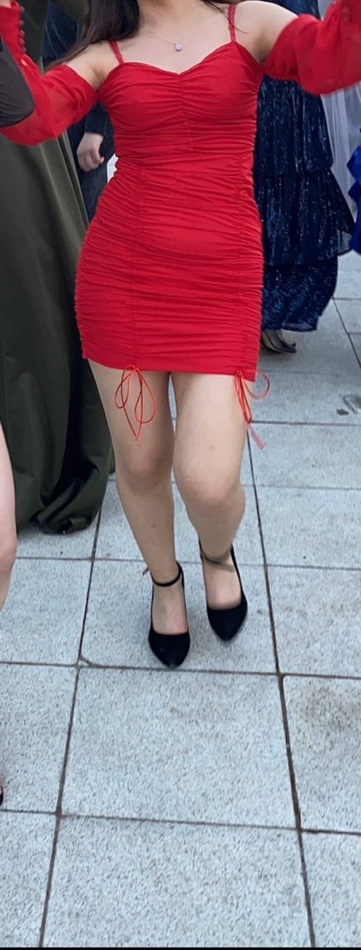 Kırmızı Drapeli Midi Kısa Elbise - Görsel 3