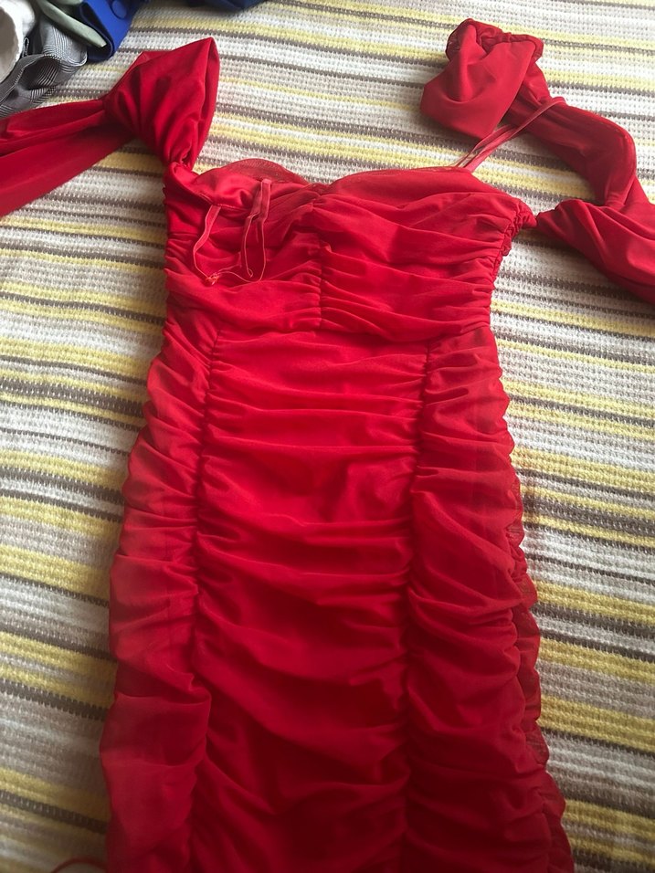 Kırmızı Drapeli Midi Kısa Elbise - Görsel 4