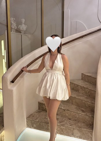 Eyyo Beyaz V Yakalı Mini Drapeli  Elbise - Görsel 4