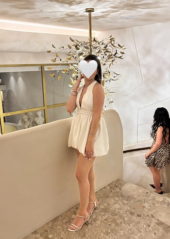 Eyyo Beyaz V Yakalı Mini Drapeli  Elbise - Görsel 2