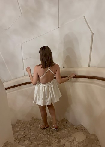 Eyyo Beyaz V Yakalı Mini Drapeli  Elbise - Görsel 5