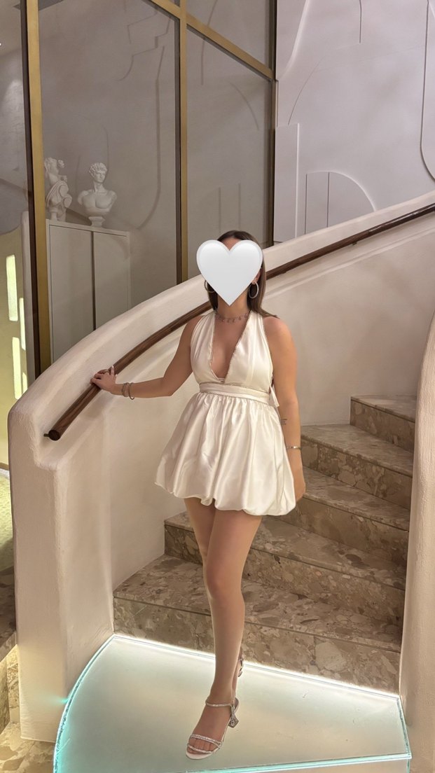 Eyyo Beyaz V Yakalı Mini Drapeli  Elbise - Görsel 4