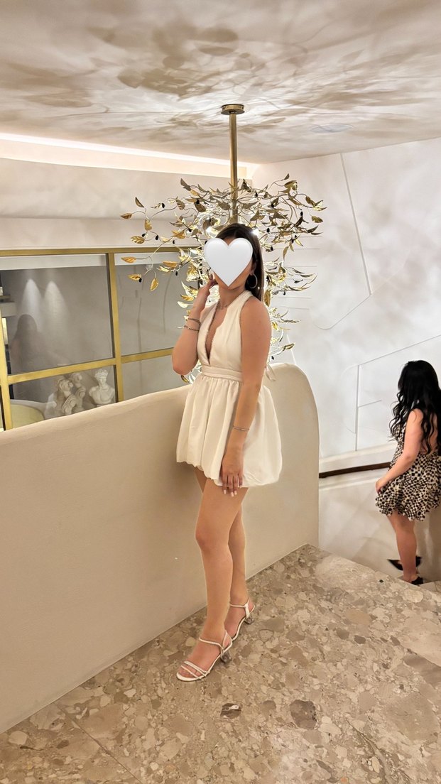 Eyyo Beyaz V Yakalı Mini Drapeli  Elbise - Görsel 2