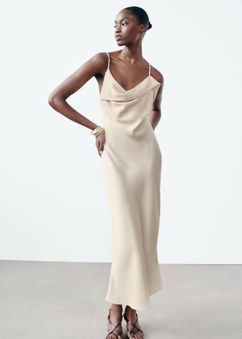 Zara Bej Drapeli Uzun İpek Elbise - Görsel 2