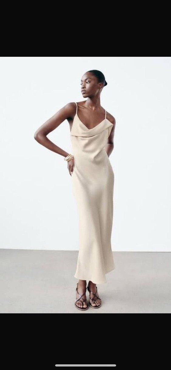 Zara Bej Drapeli Uzun İpek Elbise - Görsel 2