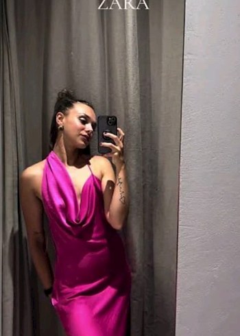 Zara Parlak Pembe Drapeli Midi Elbise - Görsel 2