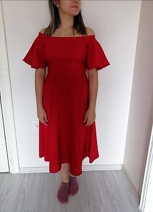 Zara Kırmızı midi boy elbise