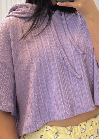 Kadın Mor Kapüşonlu Örgü Kısa Kollu Sweatshirt - Görsel 2