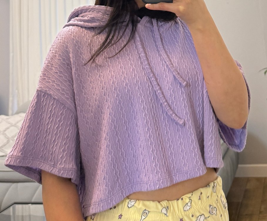 Kadın Mor Kapüşonlu Örgü Kısa Kollu Sweatshirt - Görsel 2