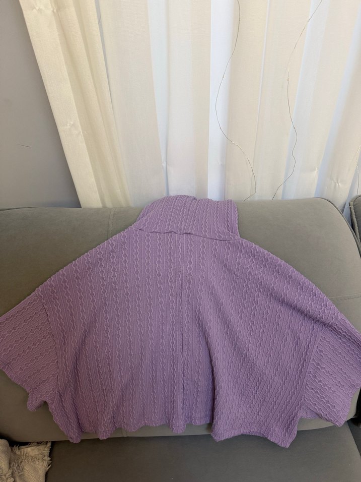 Kadın Mor Kapüşonlu Örgü Kısa Kollu Sweatshirt - Görsel 4