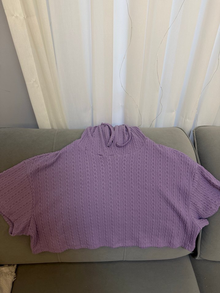 Kadın Mor Kapüşonlu Örgü Kısa Kollu Sweatshirt - Görsel 3