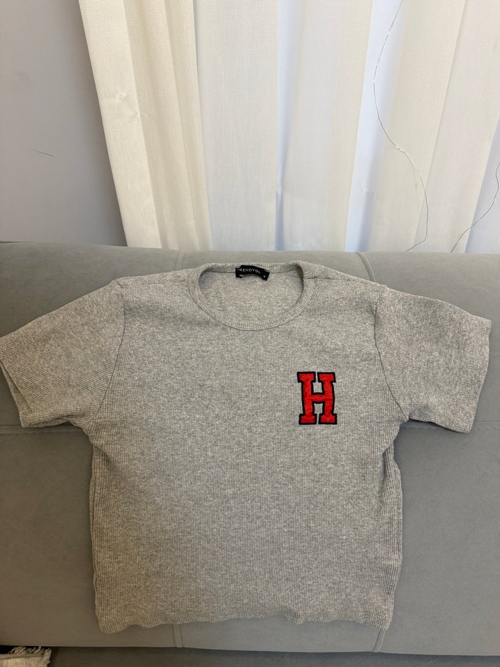 Gri Kısa Kollu Yüksek Yakalı Kadın Tişört - Görsel 2