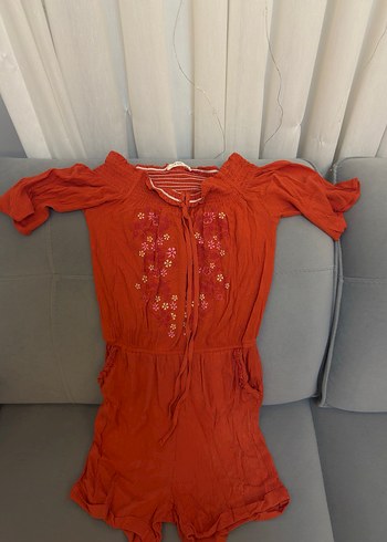 Turuncu Nakışlı Straplez Mini Tulum - Görsel 2