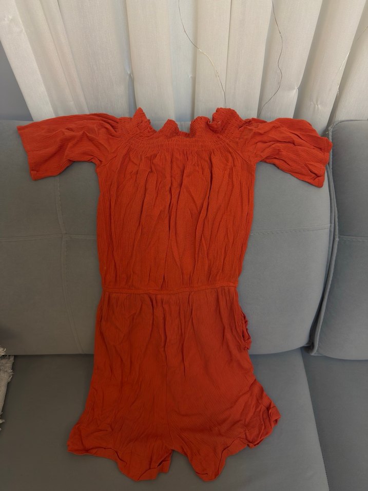 Turuncu Nakışlı Straplez Mini Tulum - Görsel 3