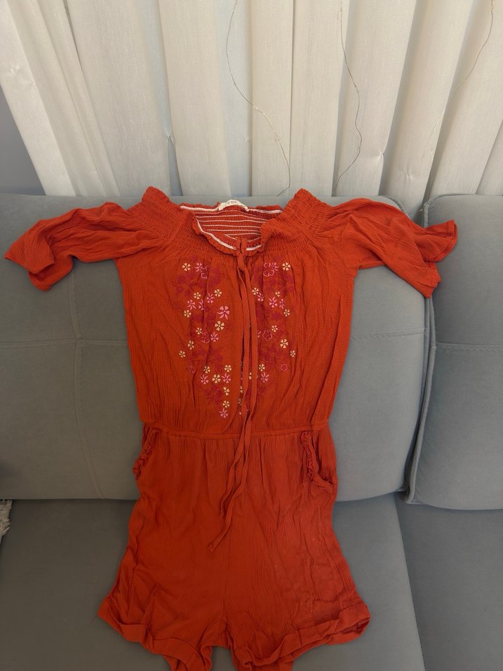 Turuncu Nakışlı Straplez Mini Tulum - Görsel 2