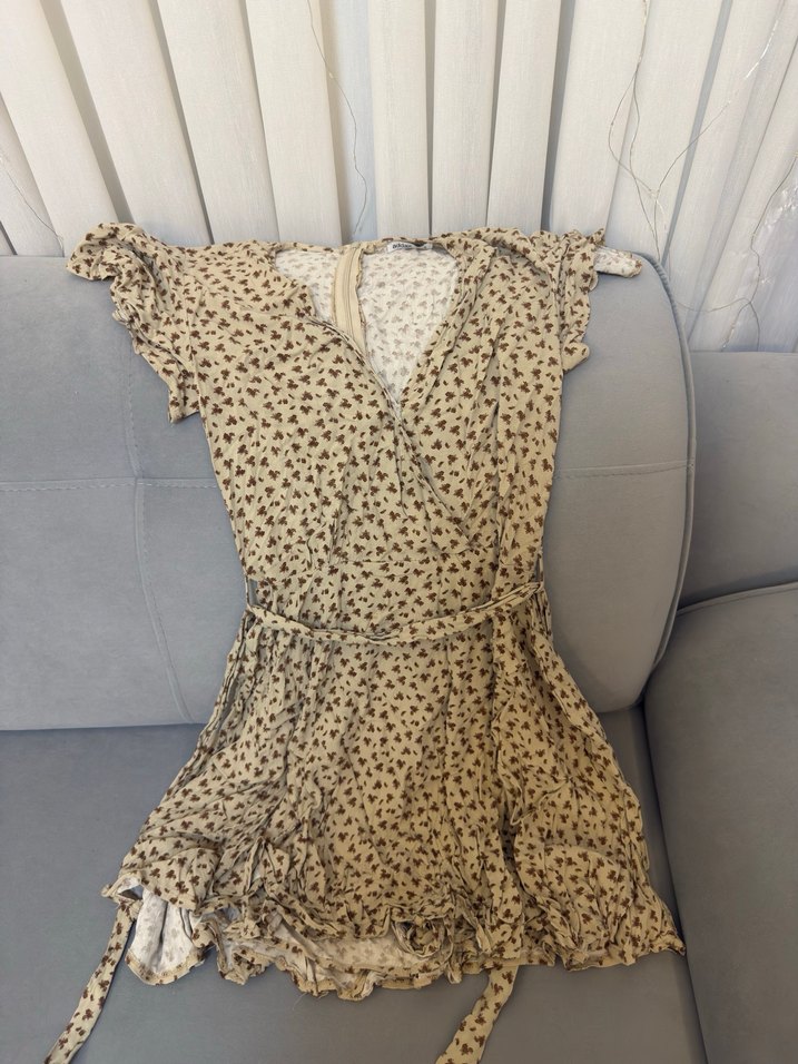 Bej V Yaka Midi Bohem Tulum Elbise - Görsel 2