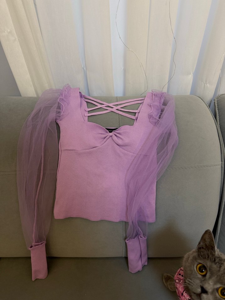 Mor V Yakalı Triko Bluz - Görsel 3