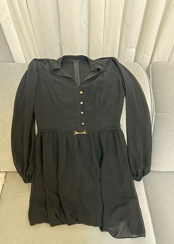 Siyah Midi V Yakalı Düğmeli Uzun Kollu Elbise - Görsel 2