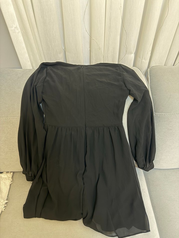 Siyah Midi V Yakalı Düğmeli Uzun Kollu Elbise - Görsel 3