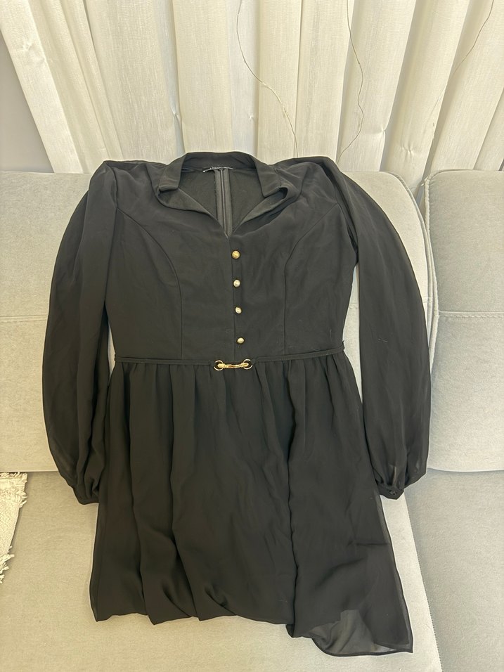 Siyah Midi V Yakalı Düğmeli Uzun Kollu Elbise - Görsel 2