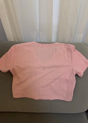 Düğmeli V Yaka Kısa Kollu Pembe Bluz - Görsel 3