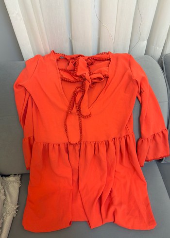 Uzun Kollu Turuncu Salaş Bohem Elbise - Görsel 3