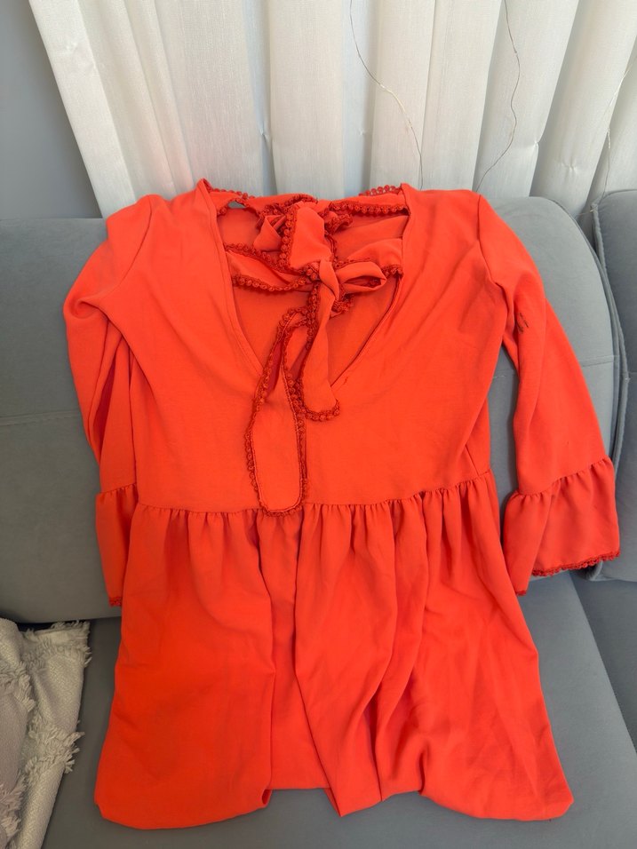 Uzun Kollu Turuncu Salaş Bohem Elbise - Görsel 3