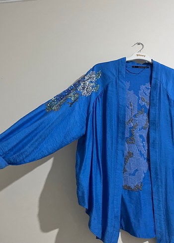 xl Beden Nakışlı Mavi Bohem Gömlek
