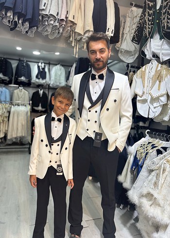 Beyaz Klasik Düğün Smokin Takımı baba oğul takım elbise