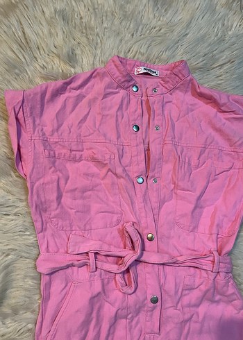 Düğmeli Pembe Keten Mini Tulum - Görsel 3