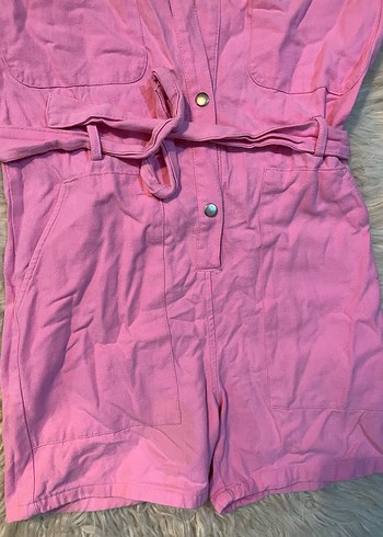 Düğmeli Pembe Keten Mini Tulum - Görsel 2