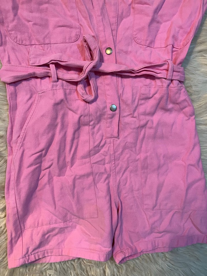 Düğmeli Pembe Keten Mini Tulum - Görsel 2