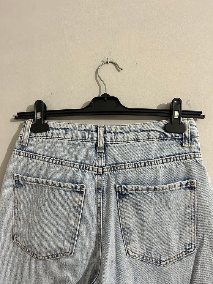 Tokalı, Bol Kesim Mavi Midi Kadın Kot Pantolon - Görsel 4