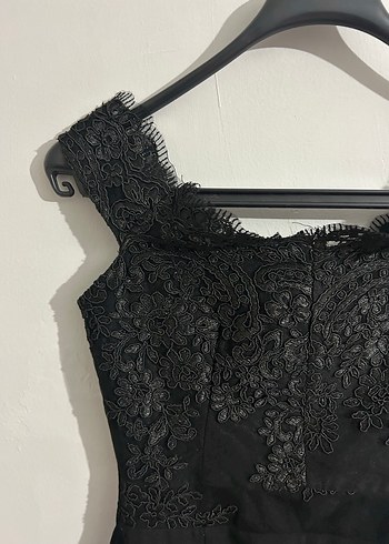 Siyah Uzun Drapeli Dantelli Kadın Abiye Elbise - Görsel 4