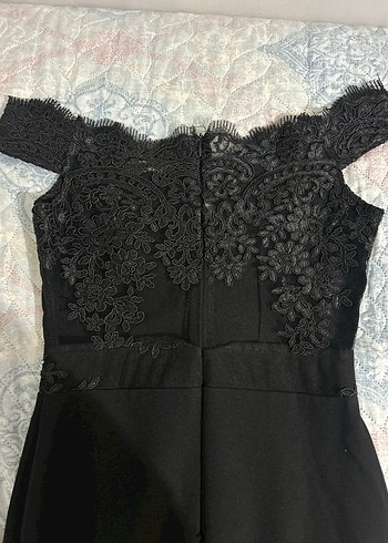 Siyah Uzun Drapeli Dantelli Kadın Abiye Elbise - Görsel 5