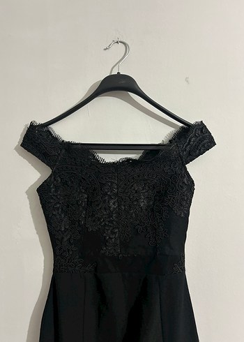 Siyah Uzun Drapeli Dantelli Kadın Abiye Elbise - Görsel 2