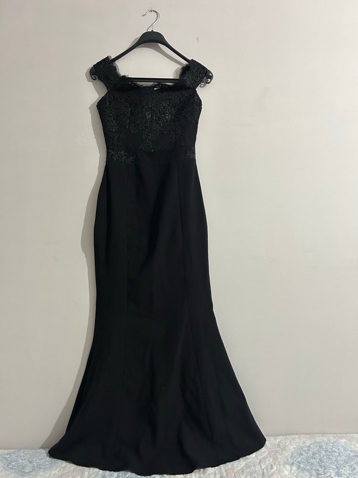 Siyah Uzun Drapeli Dantelli Kadın Abiye Elbise - Görsel 3